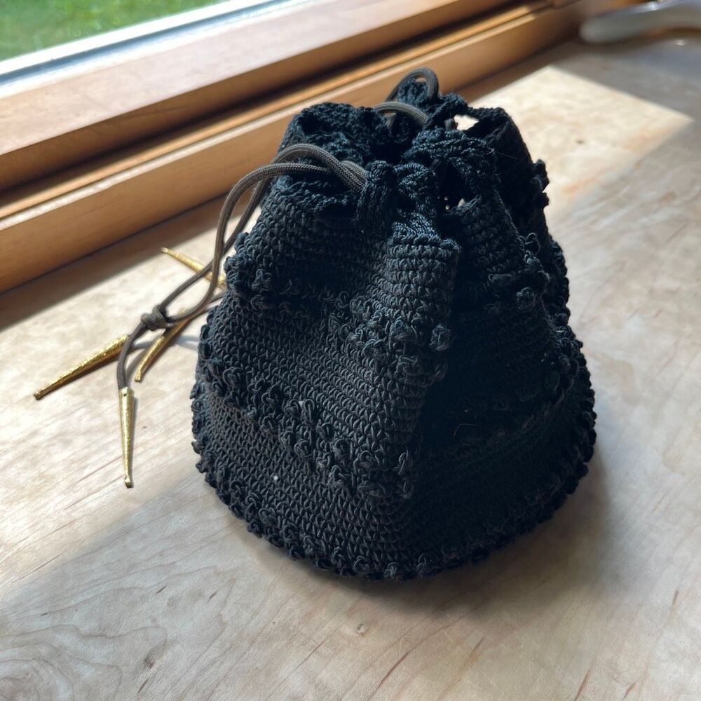 VTG Black Crochet Reticule Purse Gold Tassels Victorian Witchy Gothic Bag